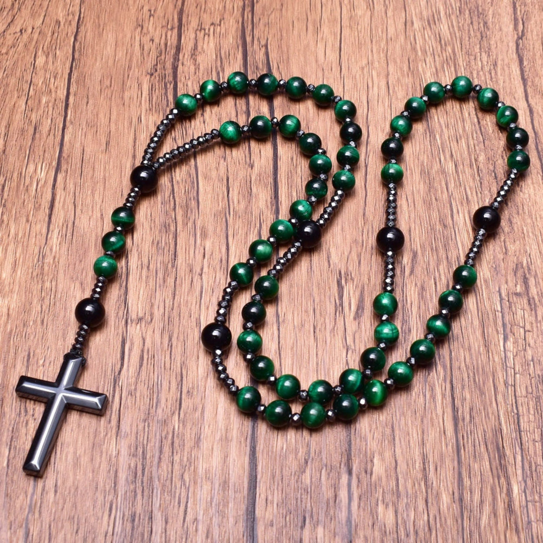 Lapislazuli & Grünes Tigerauge Rosenkranz Kette für Herren, Schmuck mit Kreuz-Anhänger.