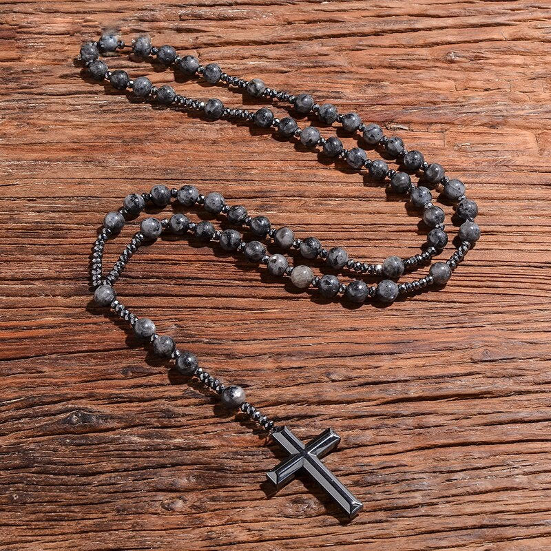 Elegante Herren Rosenkranz-Kette aus Lapislazuli, Edelstein-Kreuzkette für Männer.