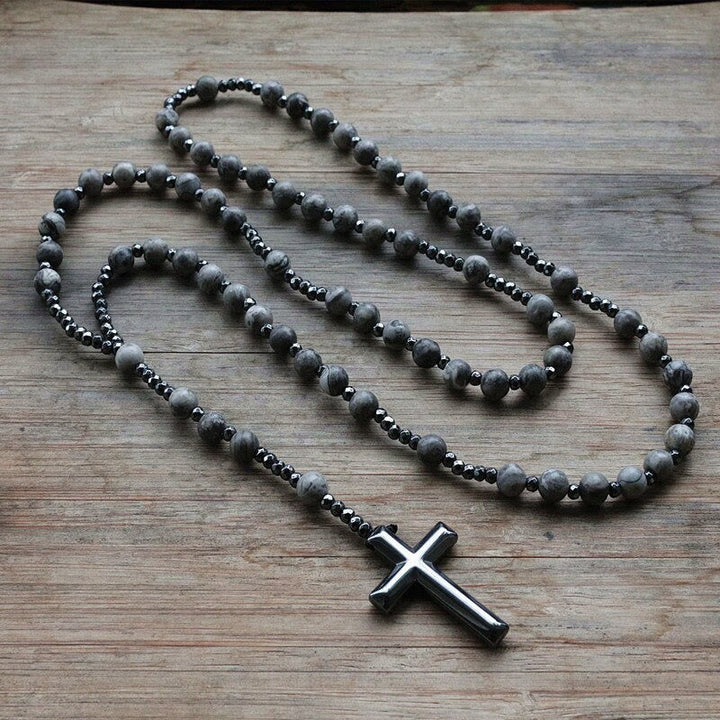 Zeitlose Herren Rosenkranz-Kette, Natursteinperlen (Grünes Tigerauge) mit elegantem Kreuz.