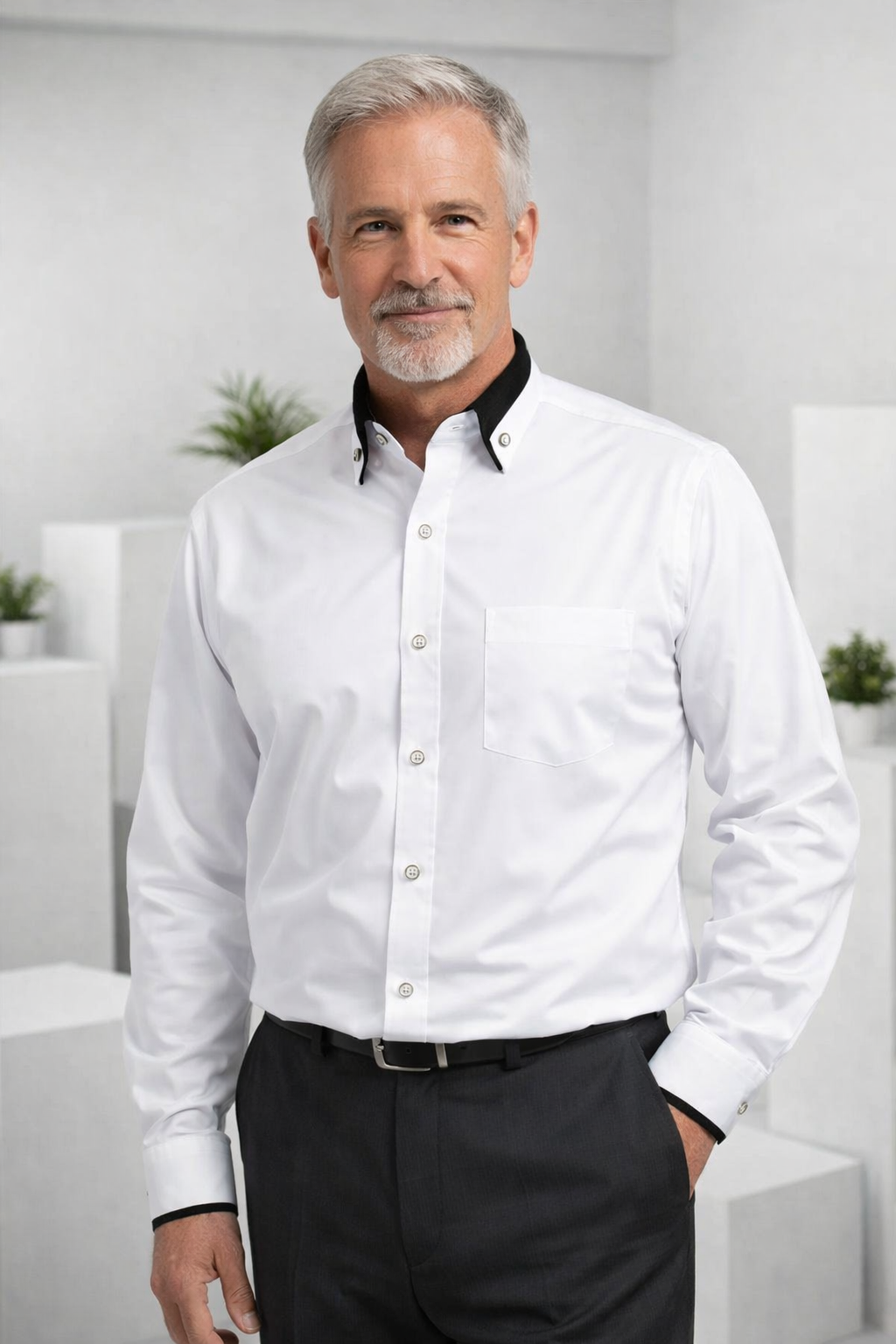 Detailansicht: Eleganter Kragen des klassischen Slim Fit Herren Langarmhemds.