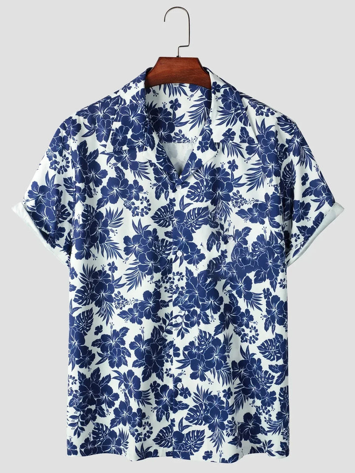 Herren Sommer Hawaii-Hemd mit lebhaftem tropischem Blumendruck, Kurzarm, ideal für Strand und Urlaub.