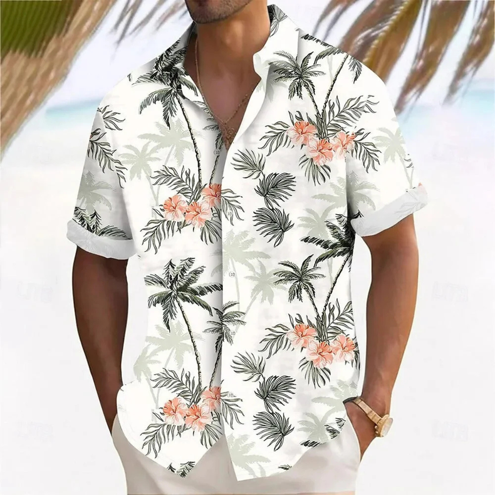 Lässiges Herren Kurzarmhemd mit tropischem Palmenmuster, perfekt als Urlaubs- oder Strandhemd.