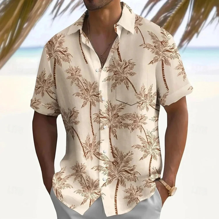 Bequemes Herren Sommerhemd mit Palmenmuster, leichtes Material, ideal für warme Tage und Urlaub.