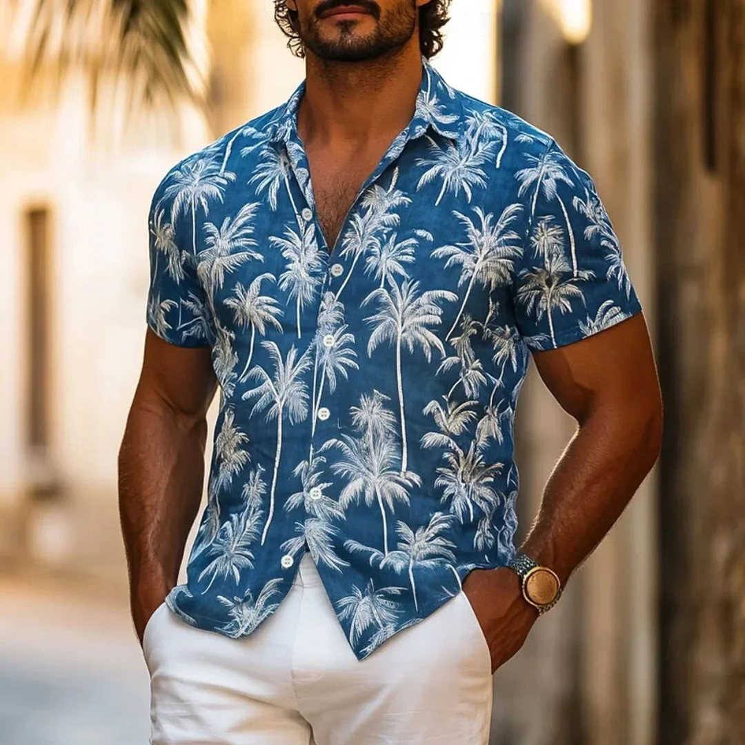 Trendiges Herren Kurzarmhemd mit bunten Palmen und tropischem Design für einen sommerlichen Look.
