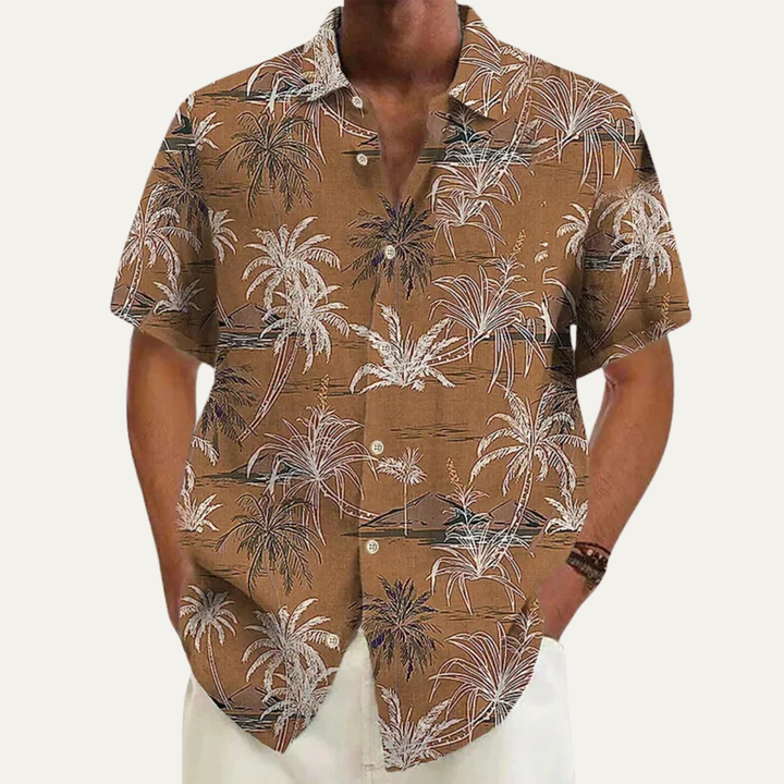 Stilvolles Herrenmode Kurzarmhemd mit Palmenmuster, ideal für Freizeit und entspannte Sommerabende.