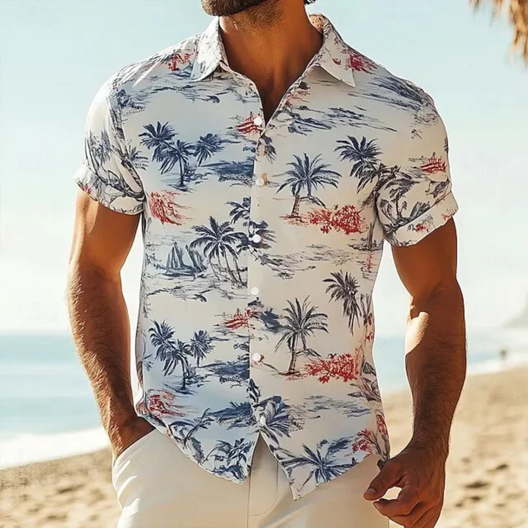 Leichtes Herren Kurzarmhemd mit lebendigem Palmenmuster, ein Must-have für Strand, Urlaub & Sommertage.
