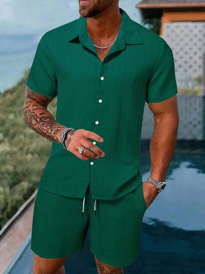 Herren Sommer Zweiteiler: Kurzarm Hemd & Shorts im Struktur-Look. Lässiges Freizeit Outfit.