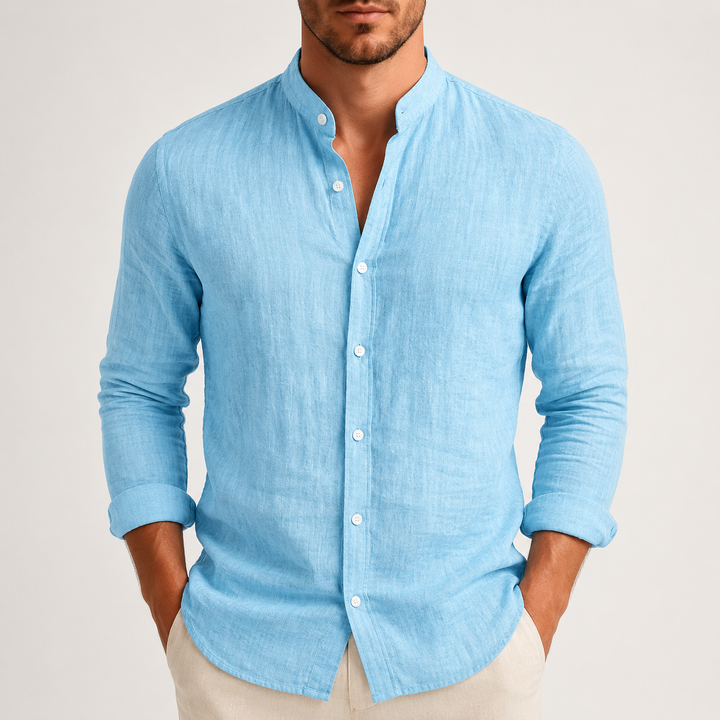 Herren Stehkragenhemd, lässig & elegant. Bequemes, vielseitiges Langarmhemd für Freizeit und Sommerlooks.