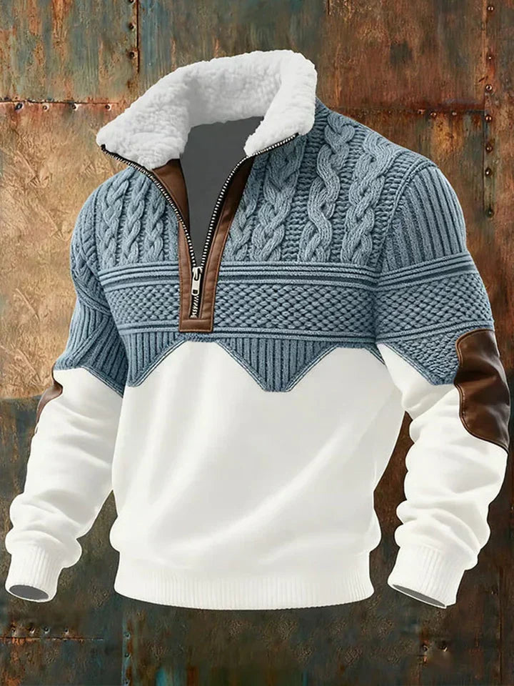 Stilvoller Herren Strick-Pullover mit modernem Farbblock-Design und praktischem Halb-Reißverschluss, ideal für Herbst & Winter.