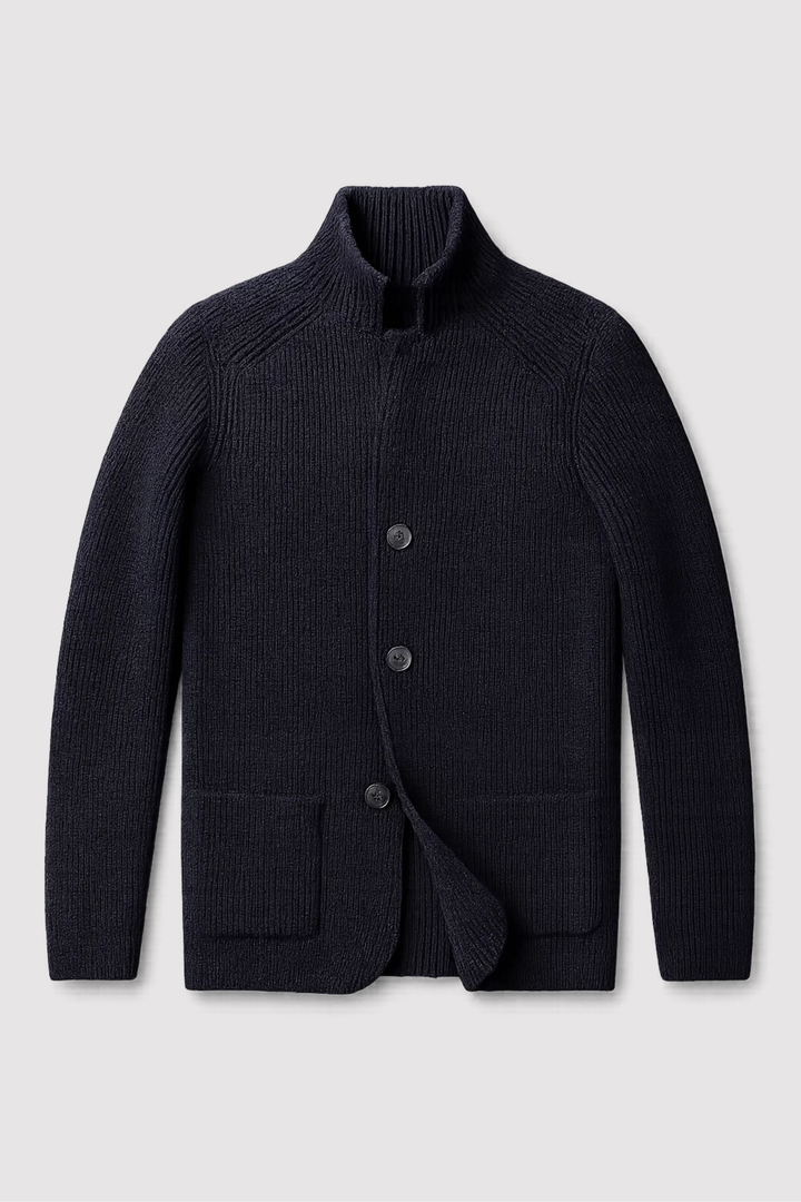 Herren Strickjacke elegant mit Stehkragen. Zeitloser Stil & Komfort für Business oder Freizeit. Marineblau.