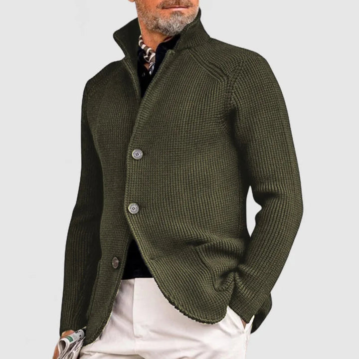 Warme Herren-Strickjacke mit Stehkragen in verschiedenen Farben. Ideal für Winter-Komfort und Eleganz.