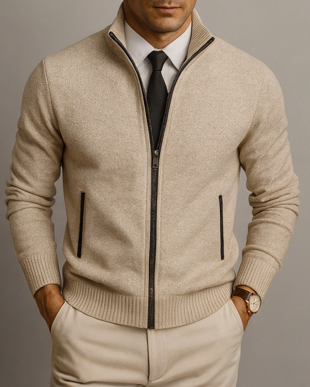 Detailansicht der hochwertigen Strickjacke für Herren. Komfortabler, langärmliger Cardigan in zeitlosem Design.