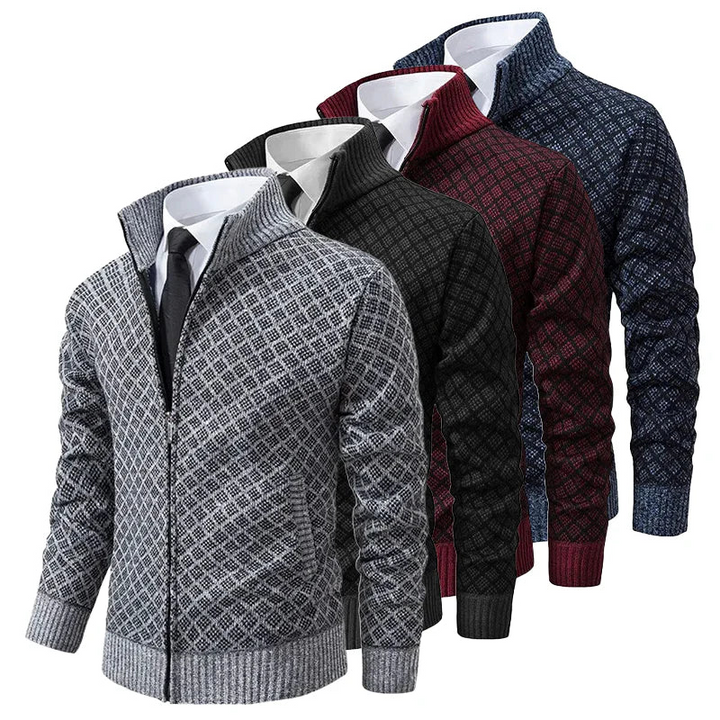 Herrenstrickjacke mit Stehkragen & Reißverschluss. Ein warmes und stilvolles Oberteil für Alltag und Freizeit.