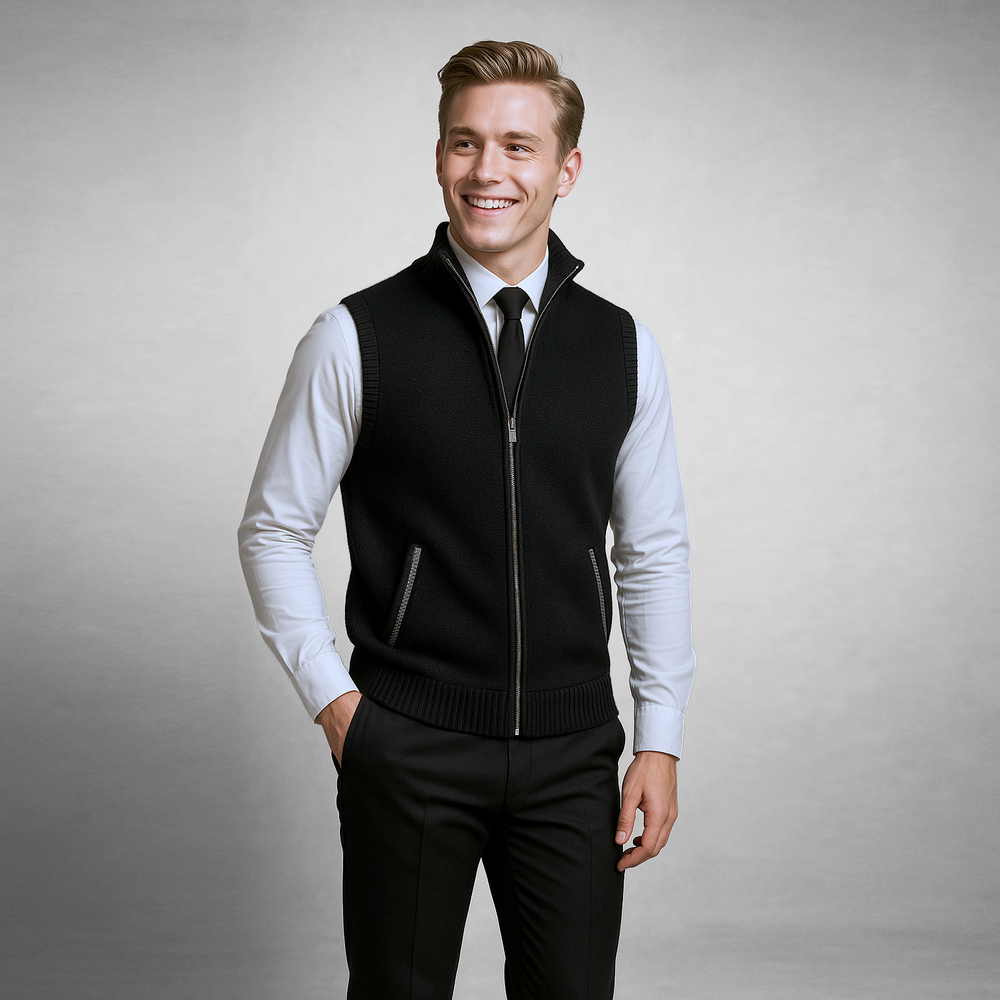 Ärmellose Herren-Strickweste mit durchgehendem Reißverschluss. Perfekt für vielseitige Winter-Outfits. Komfortabel & stilvoll.
