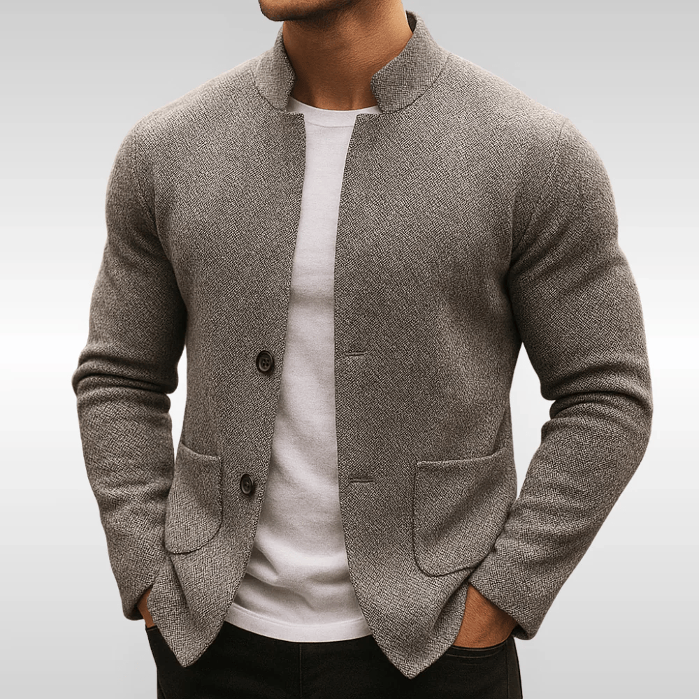 Elegante Herren Mandarinkragen Strukturstrick Jacke. Perfekt für Herbst Layering Look oder Freizeit.