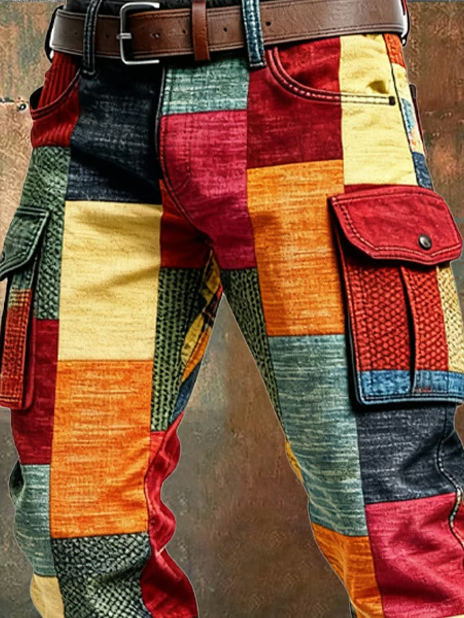 Mehrfarbige Herren Cargohose mit Vintage-Details. Bequeme Hose im Pariser Stil, perfekt für lässige Männer Mode.
