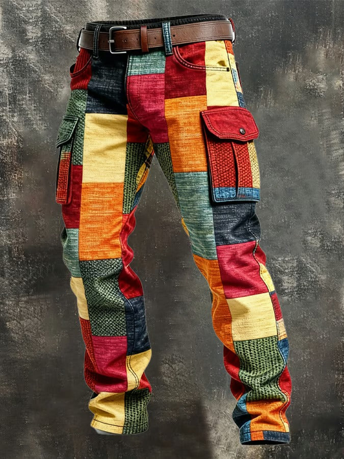 Elegante Herren Vintage-Cargohose im Pariser Stil. Bequeme, mehrfarbige Freizeithose für moderne Männer.