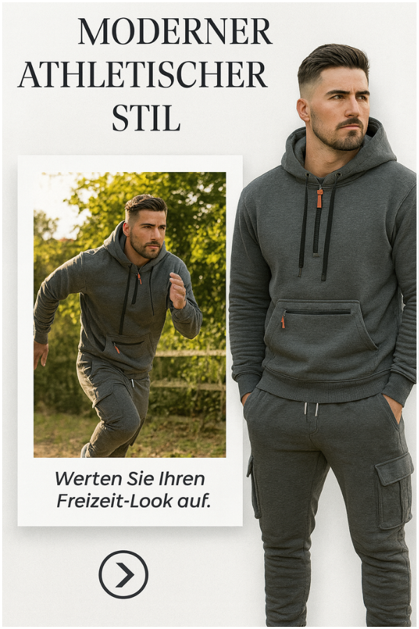 Gemütliches Herrenmode-Set: Gefütterter Hoodie & Jogginghose für winterliche Sport- & Freizeitmomente.