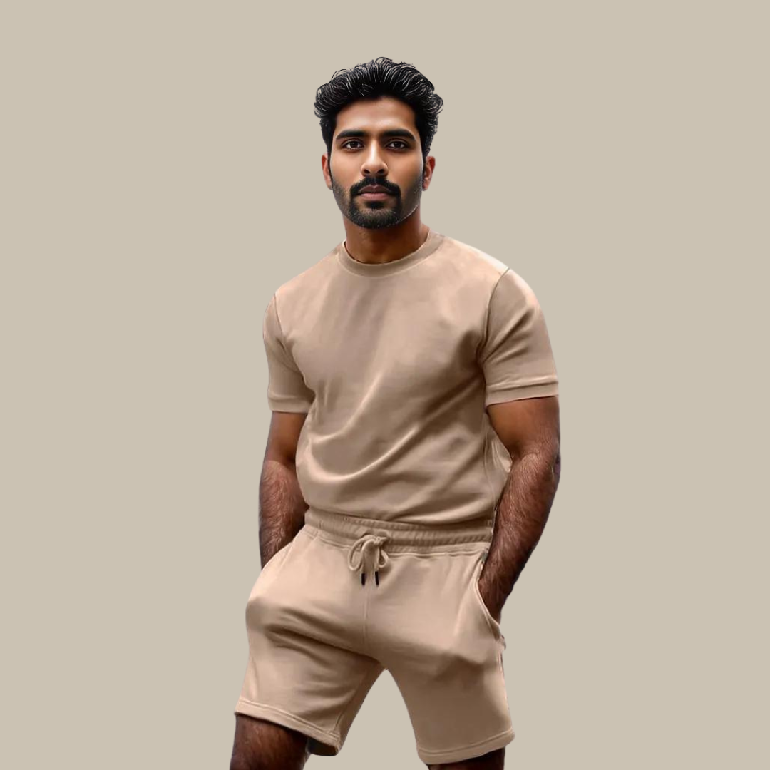 Herren Freizeit Set: Bequemes T-Shirt & Shorts in Grau, stilvolle Loungewear für den Sommer. Ideales Männerkleidungs-Outfit.