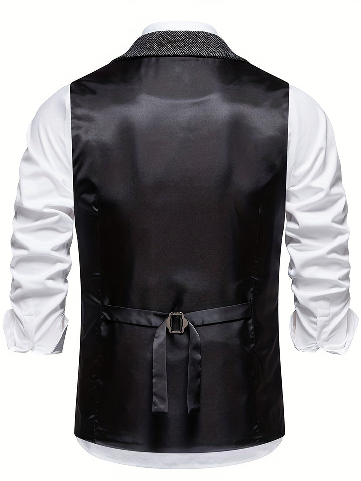 Eleganter Mann trägt Herrenweste im Retro-Stil: Fischgrätenmuster, Reverskragen, passend zum Business-Outfit.