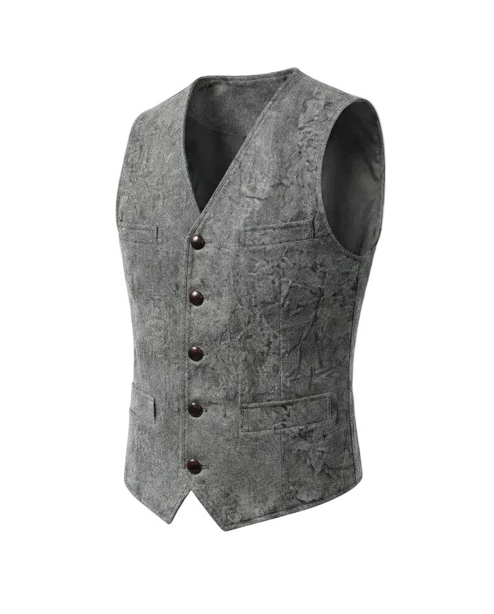 Mann trägt stilvolle Herrenweste Regular Fit mit V-Ausschnitt und Knopfleiste, ideal für Freizeitlooks.