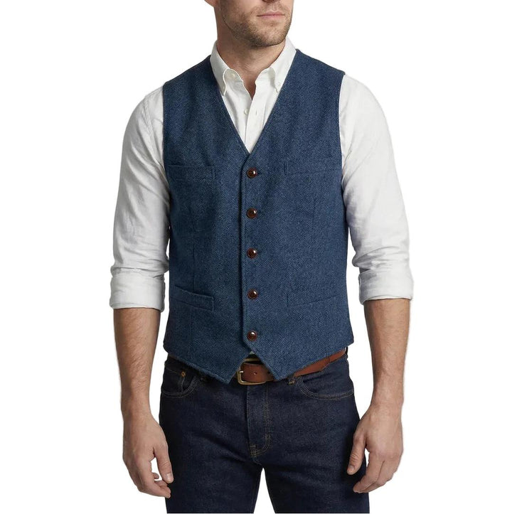 Herrenweste Regular Fit mit V-Ausschnitt und Knopfleiste. Ideal für Freizeit und Business Casual Herrenmode.