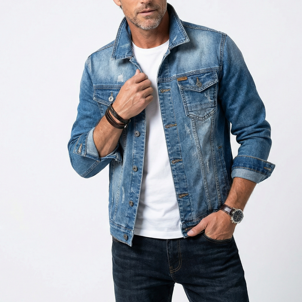 Modische Herren-Jeansjacke im klassischen Schnitt, ideal als vielseitige Oberbekleidung für Freizeit.