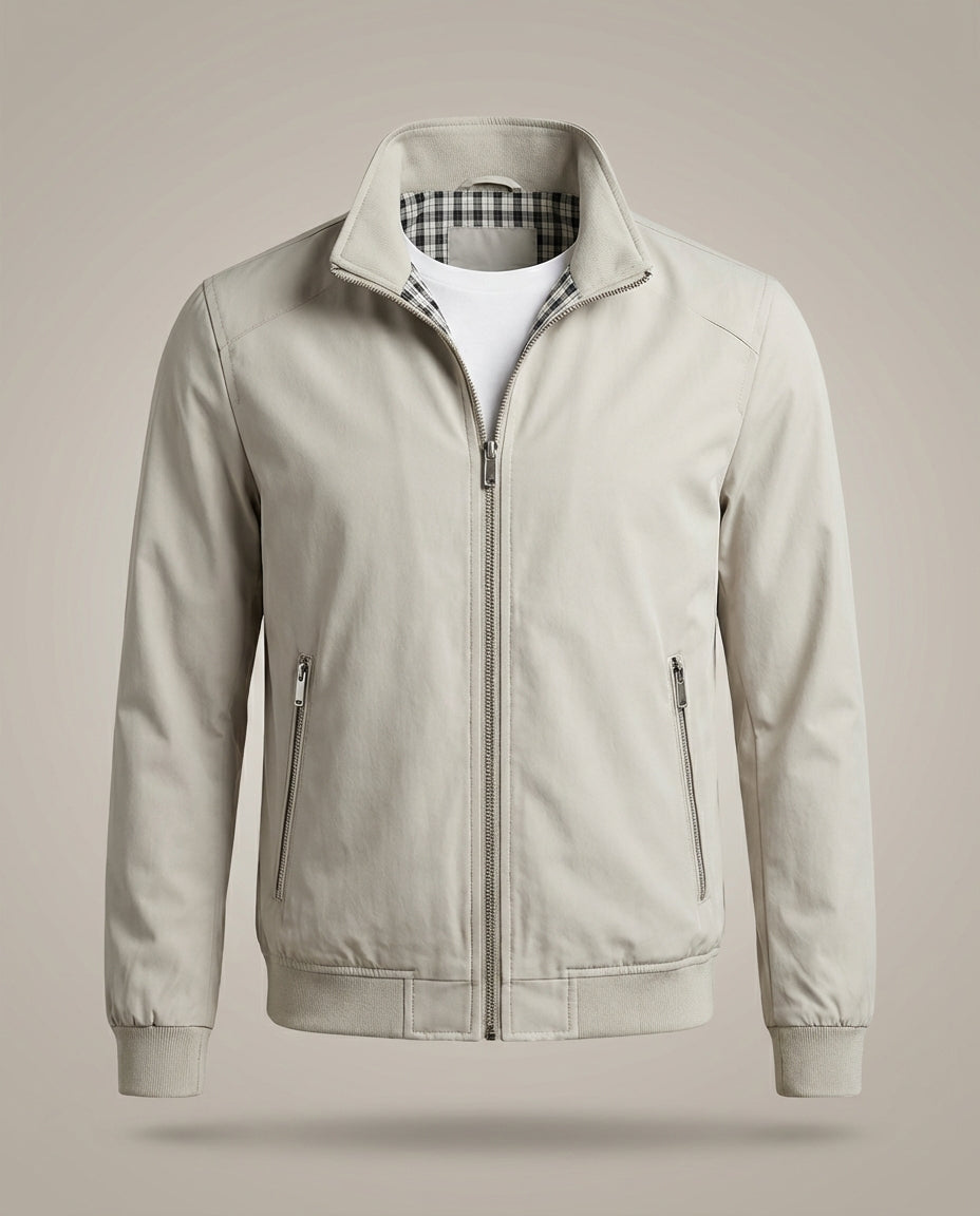 Lässige Herren-Freizeitjacke mit Stehkragen, leichter Stoff für Frühling und warme Sommertage.