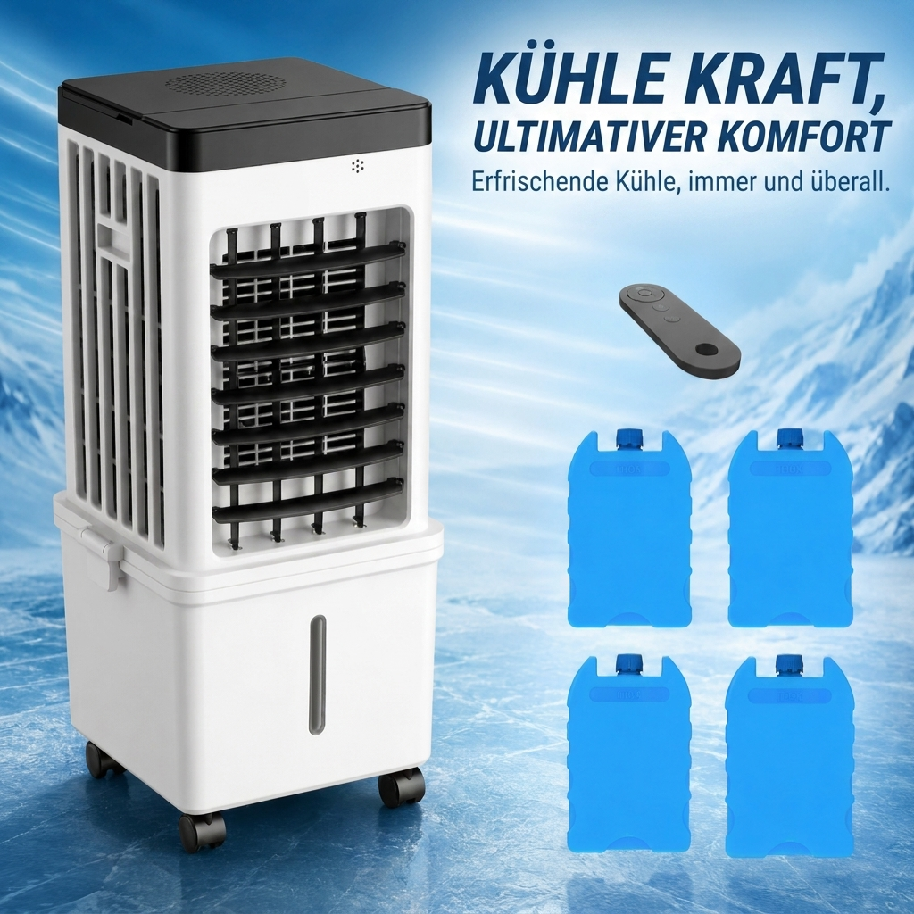 3-in-1 Luftkühler, Ventilator & Luftbefeuchter mobil, ideal für frische und kühle Sommerluft mit Wasser und Eis.