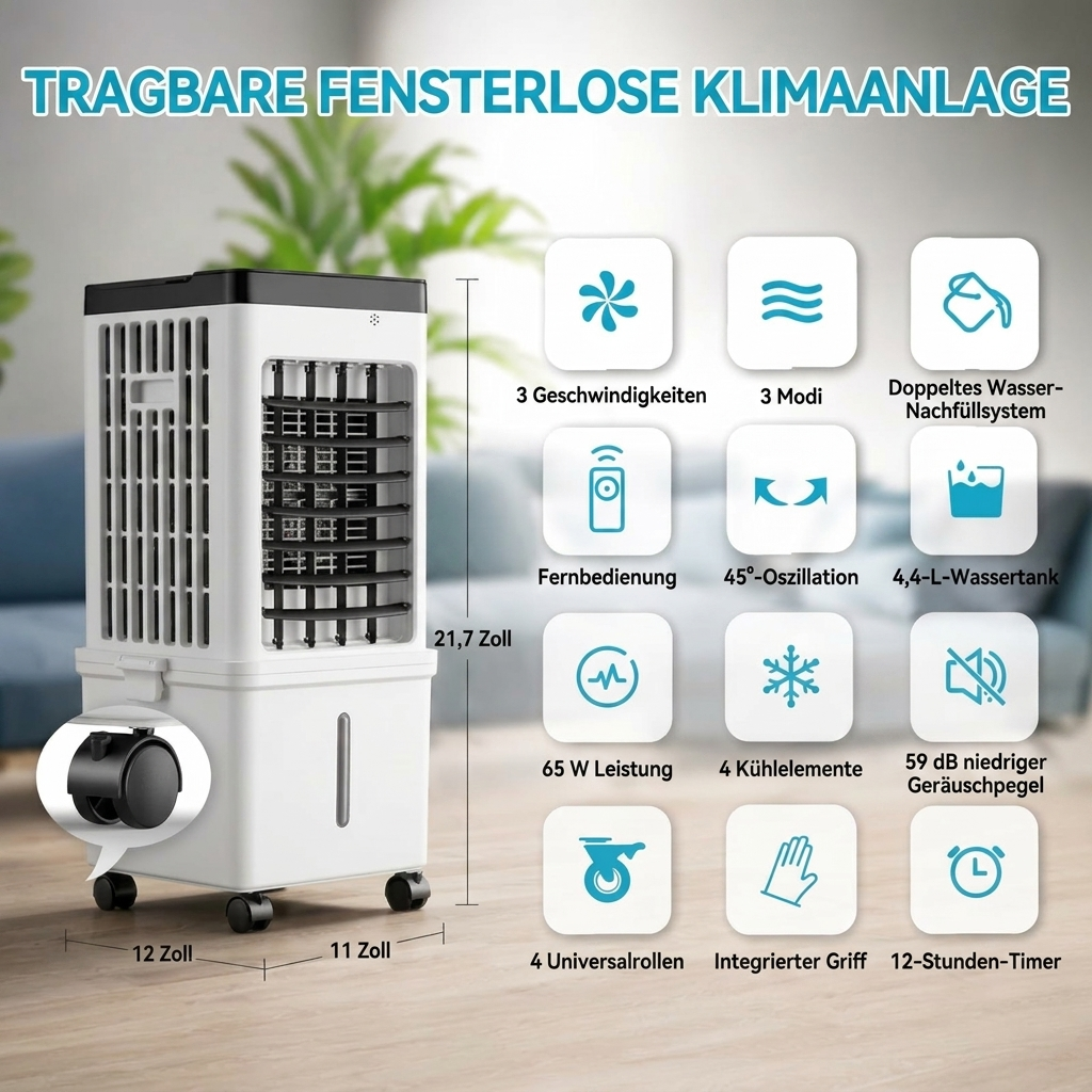 Wassergekühlter Ventilator & Luftbefeuchter, verbessert das Raumklima und sorgt für frische, kühle Luft.