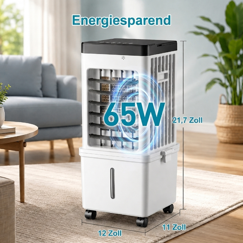 Modernes Design: Mobiler Luftkühler mit integrierten Eisakkus und 3 Lüfterstufen für ein angenehmes Raumklima.