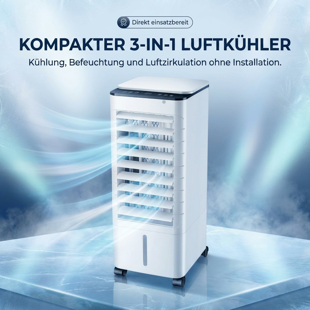 Mobiler 3-in-1 Luftkühler für angenehmes Raumklima. Kühlt, befeuchtet & zirkuliert leise. Ideal für den Sommer.