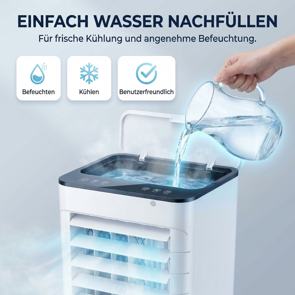 Kompakter, mobiler Verdunstungskühler. Perfekt für Büro, Schlafzimmer oder Wohnzimmer. Leise & energieeffizient.