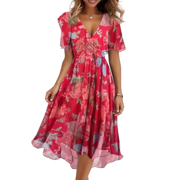 Elegantes Damen Sommerkleid in Midi-Länge mit V-Ausschnitt; ein leichtes und stilvolles Kleid für den Sommer.