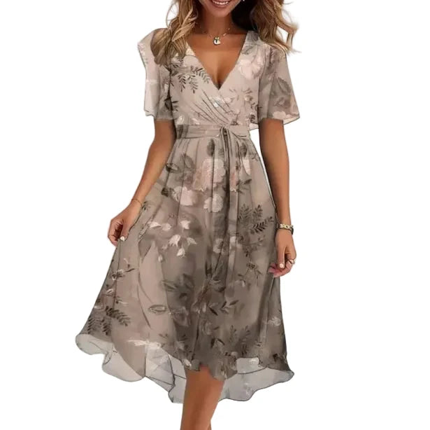 Modisches Damen Midi-Kleid mit V-Ausschnitt, ideal als leichtes Sommerkleid oder bequemes Freizeitkleid.