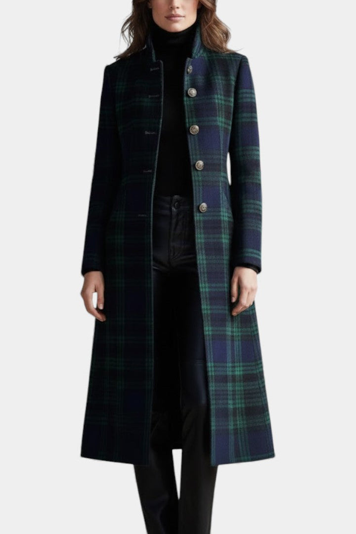 Warmer grün-blauer Midi Damenmantel. Kuscheliger Herbst- & Wintermantel für elegante Damenmode.