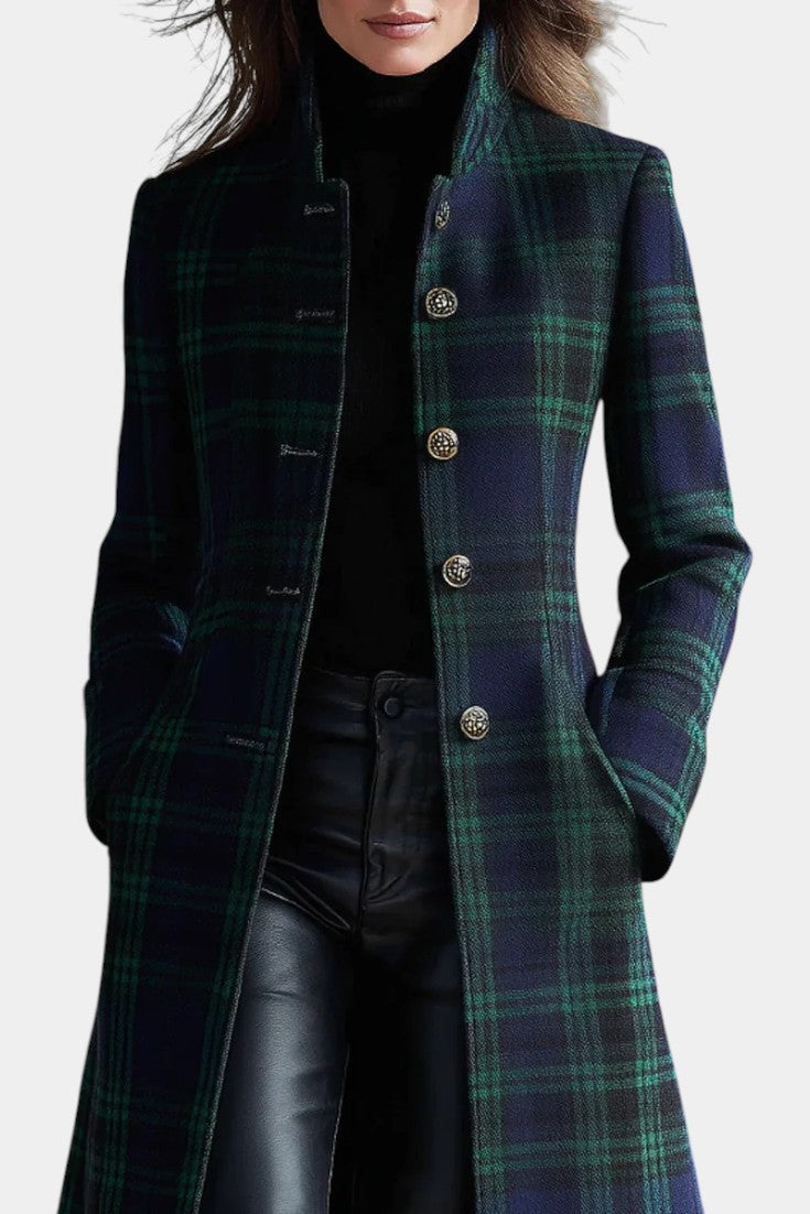 Stilvoller karierter Midi Mantel in Grün-Blau für Damen. Warmer Übergangsmantel.
