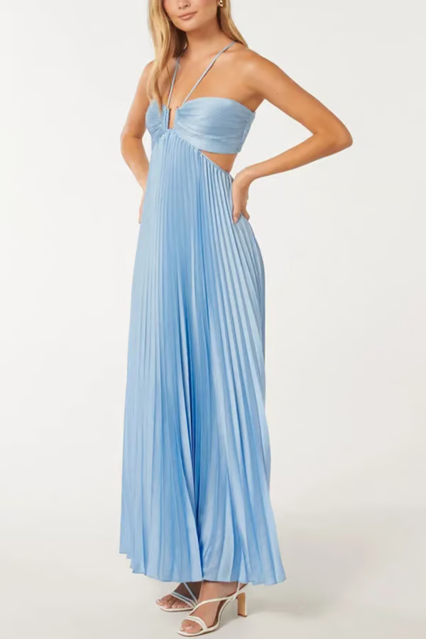 Marineblaues elegantes Damen Sommer Maxikleid, plissiert, mit Neckholder. Ideal für festliche Anlässe.