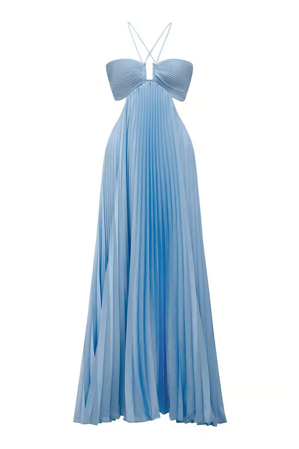 Fließendes blaues Neckholder Maxikleid für Damen, plissiertes Sommerkleid, elegant & komfortabel.