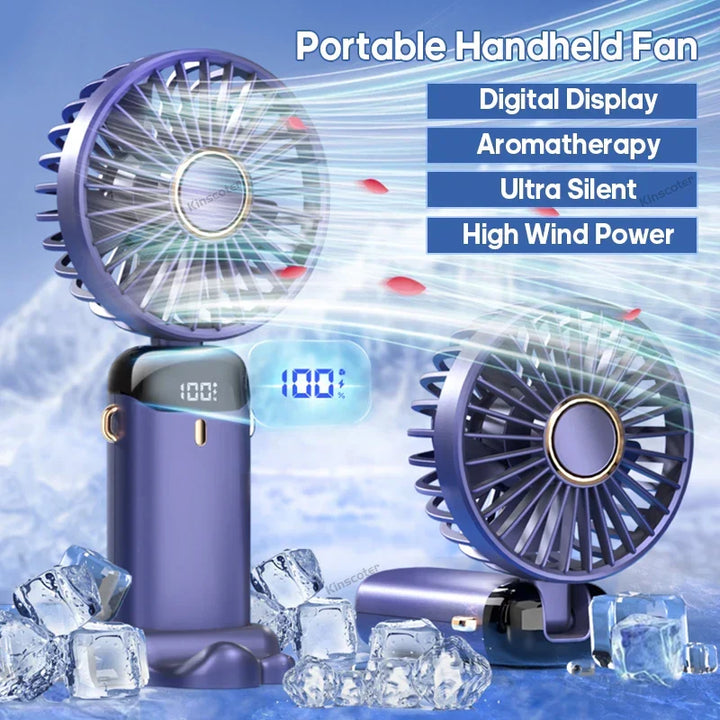 Wiederaufladbarer Mini Ventilator mit integrierter Handyhalterung, ideal für Reisen & Sommer.