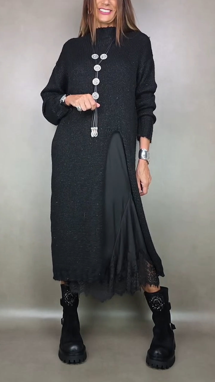 Zweiteiliges Damen Strickkleid Langarm Set, elegant & modern. Loose Fit Layer-Look mit Seitenschlitz.