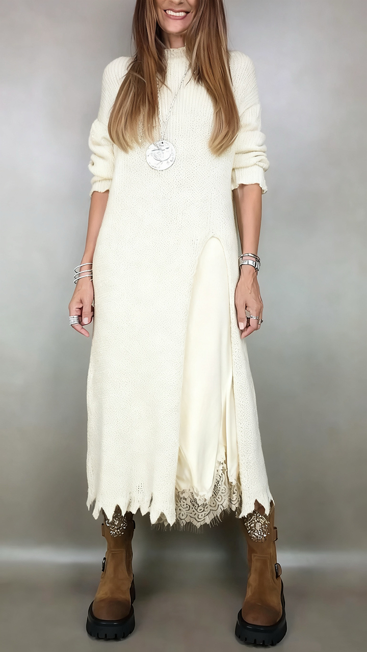 Bequemes Damen Strickkleid Set mit langen Ärmeln für den Layer-Look. Ideal als Winter- & Freizeitkleid.