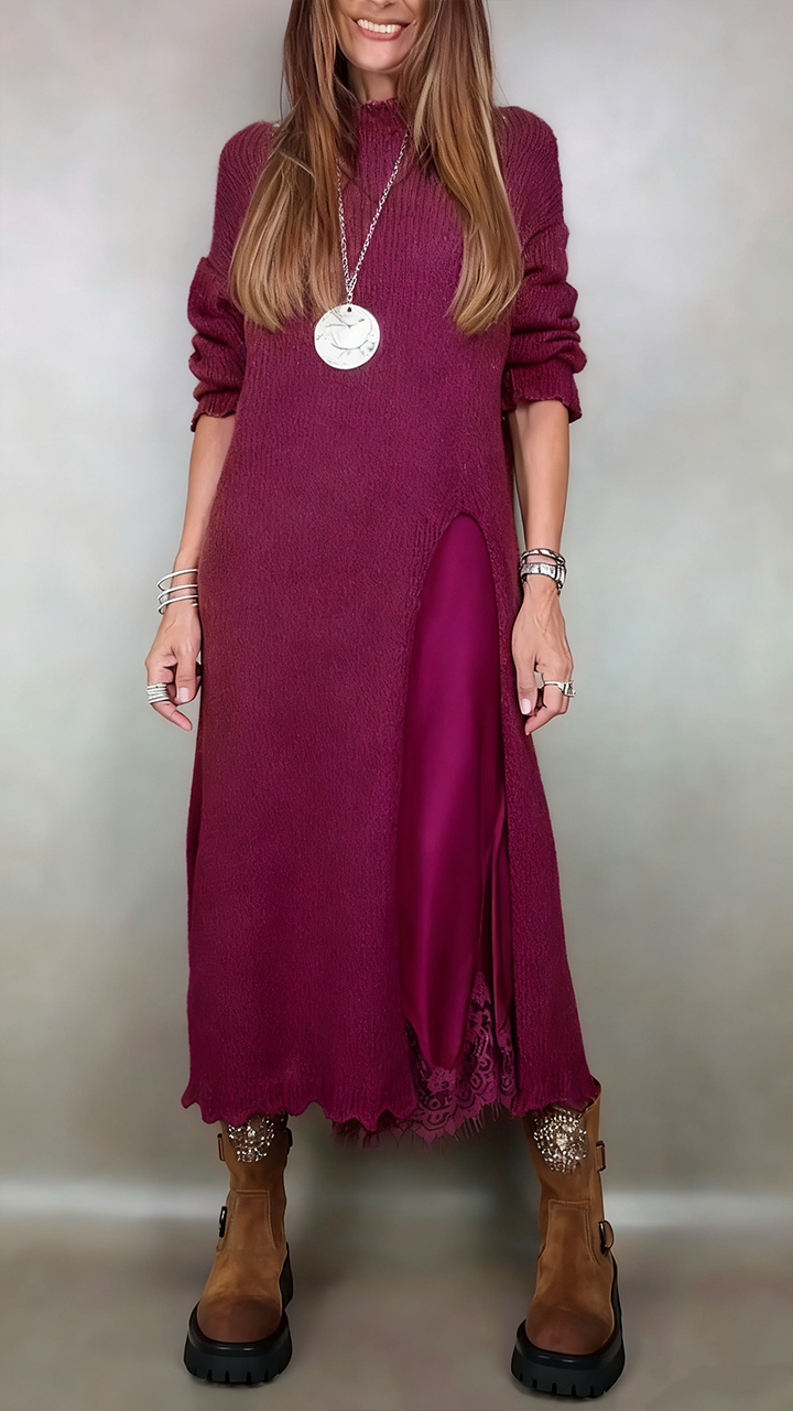 Kuscheliges Damen Strickkleid Langarm Set mit elegantem Seitenschlitz & lockerem Fit. Herbst-/Wintermode.