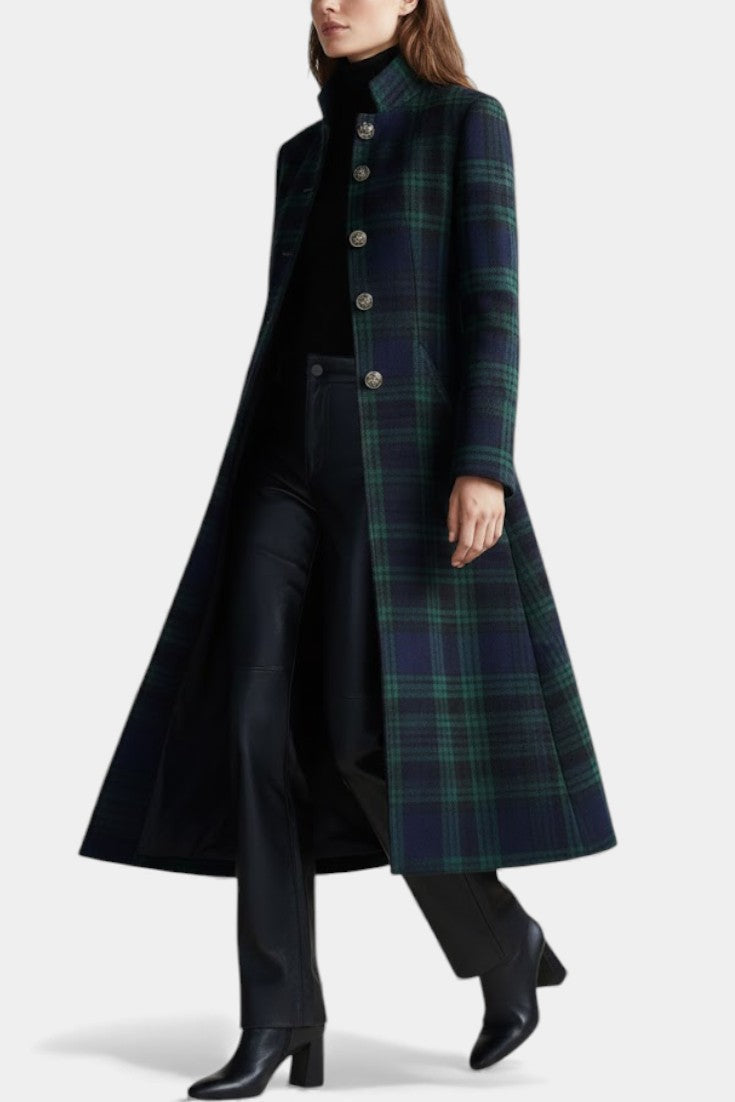 Moderner strukturierter Damen Midi Mantel grün-blau. Ideal als Übergangsmantel für stilvolle Outfits.