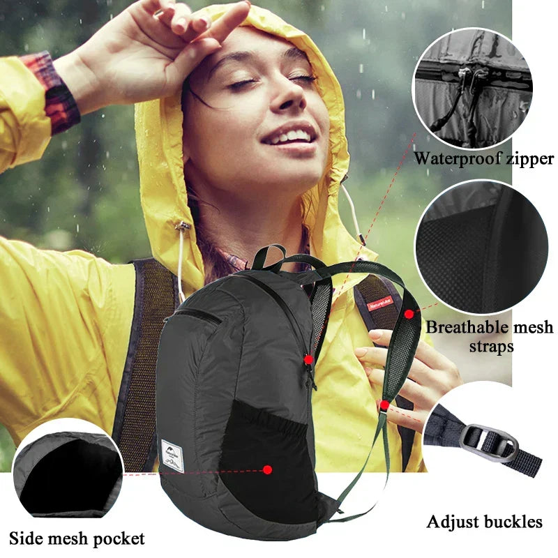 Geräumiger ultraleichter Tagesrucksack mit praktischen Fächern für Wandern und Reisen, wasserdicht.