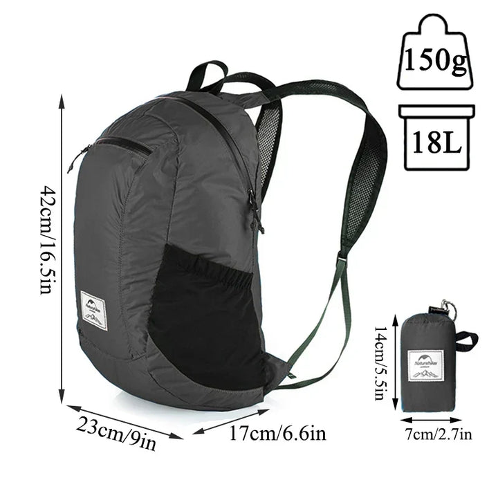Kompakter ultraleichter Wanderrucksack, wasserdicht und robust, perfekt für kurze Wanderungen und Reisen.