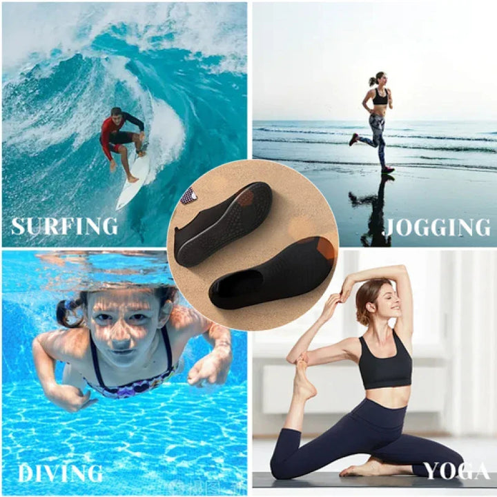 Eine Hand hält einen flexiblen, leichten Unisex Wasserschuh, ideal für Reisen und spontane Outdoor-Trips.