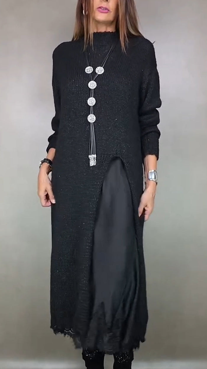 Elegantes Damen Strickkleid Set mit Langarm und modernem Layer-Look. Perfekt für Herbst & Winter.