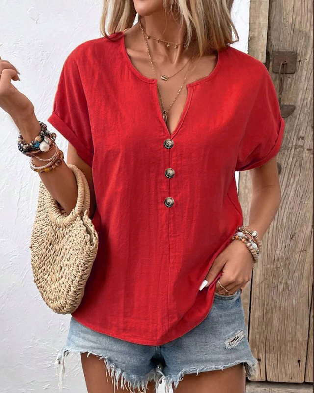 Vielseitiges Aprikose Damen T-Shirt mit Twist-Knopf, leicht & elegant, perfekt für Sommer- & Freizeitoutfits.