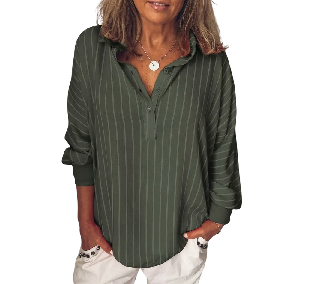 Elegante Damen Langarm-Hemdbluse gestreift mit halber Knopfleiste. Klassische Büro- und Freizeitbluse für Frauen.